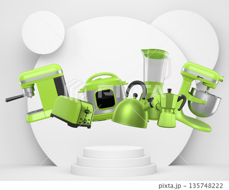 Set of kitchen appliances and utensils floating in mid-air over podium and abstract background, modern cooking concepts 135748222