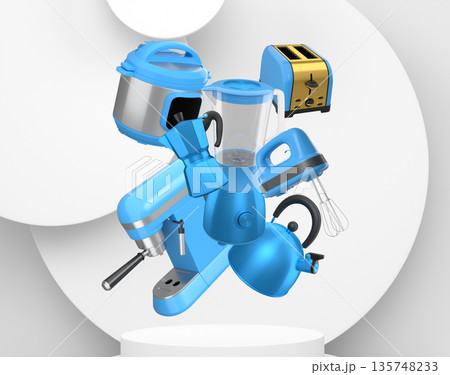 Set of kitchen appliances including mixer, toaster, blender, and coffee maker on white colorful podium and background Set of kitchen appliances including mixer, toaster, blender, and coffee maker on white colorful podium and background 135748233