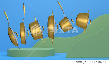 Set of kitchen cookware set with lids floating in midair, over colorfull podium and backdrop, concept of premium utensils 135748234