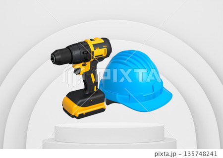 Cordless drill and safety helmet floating above podium, on abstract white background, construction concept Cordless drill and safety helmet floating above podium, on abstract white background, construction concept 135748241