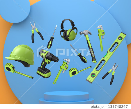 Construction tools and safety equipment floating over podium on abstract background, industrial work and protection concept Construction tools and safety equipment floating over podium on abstract background, industrial work and protection concept 135748247