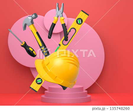 Construction tools and safety equipment floating over podium on abstract background, industrial work and protection concept Construction tools and safety equipment floating over podium on abstract background, industrial work and protection concept 135748260
