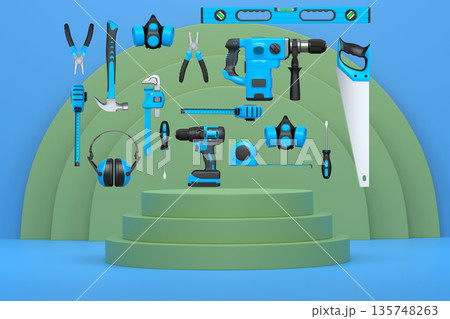 Construction tools and safety equipment floating over podium on abstract background, industrial work and protection concept 135748263