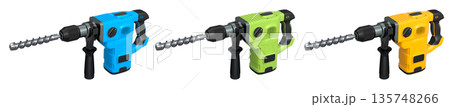 Set of electric rotary hammers with side handles and drill bits, isolated on white transparent background, concept of power tools 135748266