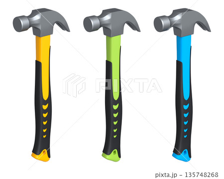 Set of claw hammers with yellow, green, and blue grips isolated on white background, concept of construction tools Set of claw hammers with yellow, green, and blue grips isolated on white background, concept of construction tools 135748268