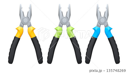 Set of steel pliers with black rubber grips and colorful handles shown isolated on white background, construction tool concept Set of steel pliers with black rubber grips and colorful handles shown isolated on white background, construction tool concept 135748269