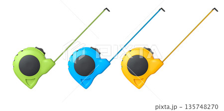 Set of measuring tapes in green, blue, and yellow with extended rulers, isolated on white background with clipping path 135748270