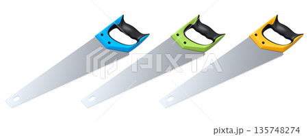 Set of hand saws with ergonomic handles, displayed on white background with clipping path, Construction tool concept 135748274