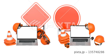 Laptops with blank screens surrounded by construction helmets, cones and warning signs on white background with clipping path 135748286
