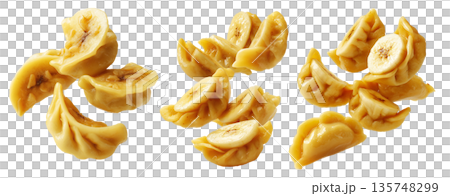 Set of Steamed Banana dumplings with intricate twisted edges, isolated on white background. Concept of Asian cuisine and food art Set of Steamed Banana dumplings with intricate twisted edges, isolated on white background. Concept of Asian cuisine and food art 135748299