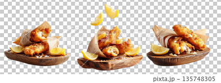 Set of Battered fish fillets  wrapped in paper with lemon wedges on wooden board on white background. Australia Fish and Chips 135748305