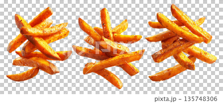 Set of Kumara sweet potato fries with black pepper and herbs, isolated on white background, concept of New Zealand fast food snack Set of Kumara sweet potato fries with black pepper and herbs, isolated on white background, concept of New Zealand fast food snack 135748306