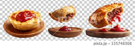 Set of Australia meat pie filled with minced meat and topped with ketchup, isolated on white transparent background Set of Australia meat pie filled with minced meat and topped with ketchup, isolated on white transparent background 135748308