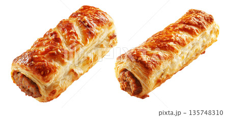 Set of Australia Sausage roll puff pastry filled with minced meat, golden flaky crust on white background, baked snack or meal Set of Australia Sausage roll puff pastry filled with minced meat, golden flaky crust on white background, baked snack or meal 135748310