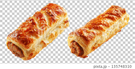 Set of Australia Sausage roll puff pastry filled with minced meat, golden flaky crust on white background, baked snack or meal Set of Australia Sausage roll puff pastry filled with minced meat, golden flaky crust on white background, baked snack or meal 135748310