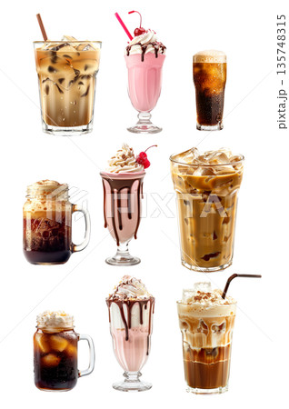 Iced coffee with milk and ice cubes, Hot chocolate topped and milkshake with whipped cream isolated on white 135748315