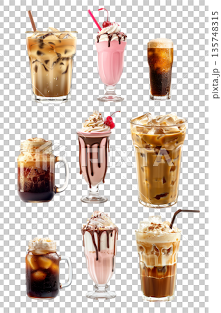 Iced coffee with milk and ice cubes, Hot chocolate topped and milkshake with whipped cream isolated on white 135748315
