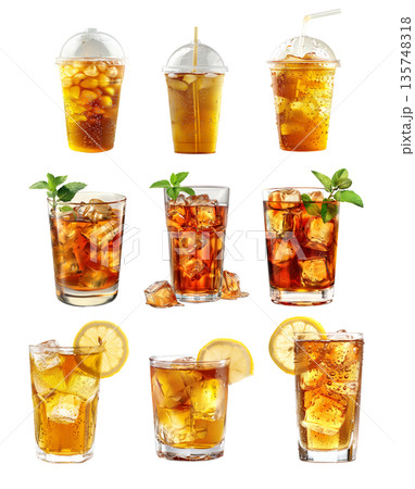 Chilled kombucha amber served with a slice of lemon and abundant ice 135748318