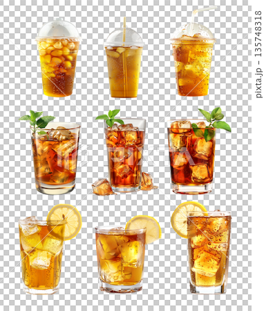 Chilled kombucha amber served with a slice of lemon and abundant ice 135748318