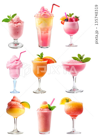 Pink cocktail or sorbet sherbet with fresh berries and tropical fruits, making it a refreshing drink choice 135748319