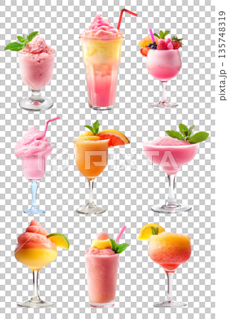 Pink cocktail or sorbet sherbet with fresh berries and tropical fruits, making it a refreshing drink choice 135748319