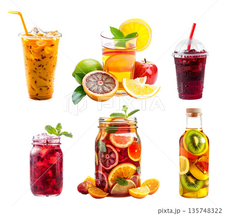 Hibiscus ice tea, Thai iced tea and fruit tea blend of berries, citrus slices and mint leaves isolated on white 135748322