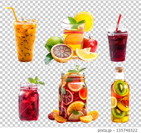 Hibiscus ice tea, Thai iced tea and fruit tea blend of berries, citrus slices and mint leaves isolated on white Hibiscus ice tea, Thai iced tea and fruit tea blend of berries, citrus slices and mint leaves isolated on white 135748322