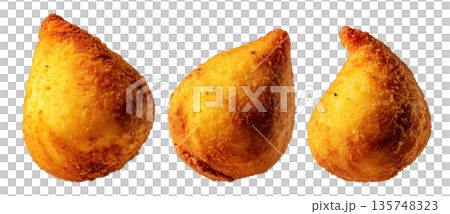 Fried Brazilian coxinhas cone snack filled shredded chicken cheese with golden crispy texture isolated on white background Fried Brazilian coxinhas cone snack filled shredded chicken cheese with golden crispy texture isolated on white background 135748323