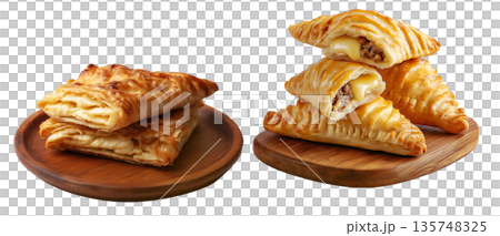 Flaky filled puff pastries pocket with melted cheese oozing out, isolated on white background, concept of Brazil snack 135748325