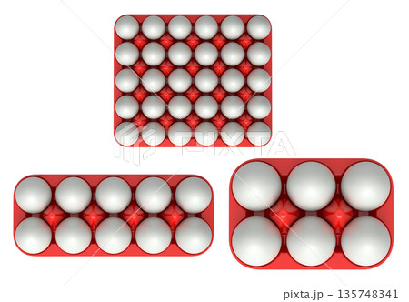 Plastic trays filled with neatly stacked white eggs, isolated on white transparent background. 135748341