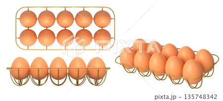 Metal trays filled with neatly stacked brown eggs, isolated on white transparent background. 135748342
