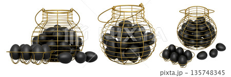 Wire baskets filled with eggs, isolated on white transparent background, concept of kitchen storage Wire baskets filled with eggs, isolated on white transparent background, concept of kitchen storage 135748345