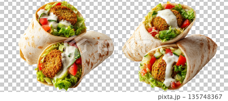 Tasty falafel wraps in pita filled with lettuce, tomato, cucumber, onion, and tahini drizzle sauce isolated on white background Tasty falafel wraps in pita filled with lettuce, tomato, cucumber, onion, and tahini drizzle sauce isolated on white background 135748367