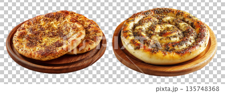 Manakish flatbreads bread slices topped with za'atar, cheese and sesame seeds, isolated on white transparent background Manakish flatbreads bread slices topped with za'atar, cheese and sesame seeds, isolated on white transparent background 135748368