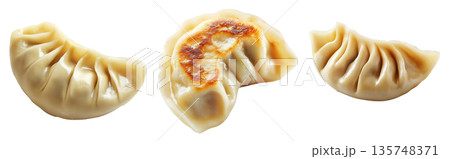 Pan-fried or steamed dumplings Jiaoz with golden crispy bottoms, isolated on white background, concept of Asian cuisine Pan-fried or steamed dumplings Jiaoz with golden crispy bottoms, isolated on white background, concept of Asian cuisine 135748371
