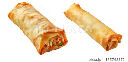 Crispy golden spring rolls with flaky texture shown isolated on white transparent background, Asian snack concept Crispy golden spring rolls with flaky texture shown isolated on white transparent background, Asian snack concept 135748372