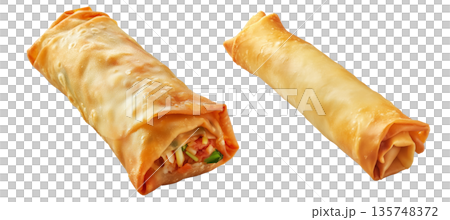 Crispy golden spring rolls with flaky texture shown isolated on white transparent background, Asian snack concept Crispy golden spring rolls with flaky texture shown isolated on white transparent background, Asian snack concept 135748372