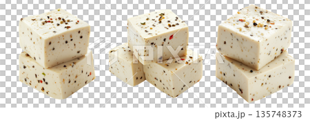 Cubes of seasoned tofu with visible herbs and spices, arranged in stack isolated on white transparent background Cubes of seasoned tofu with visible herbs and spices, arranged in stack isolated on white transparent background 135748373