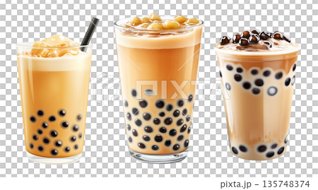 Creamy bubble milk tea with tapioca pearls in glass cup, isolated on white transparent background 135748374