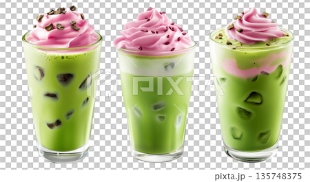 Iced matcha drink topped with pink whipped cream and chocolate bits, isolated on white transparent background 135748375