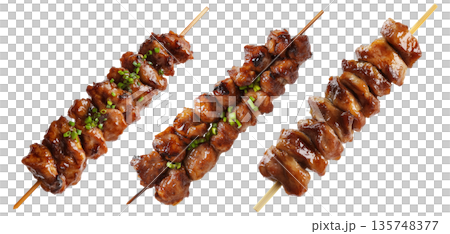 Grilled chicken yakitori skewer with teriyaki glaze or Isaw Filipino street food isolated on white transparent background 135748377