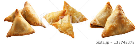 Golden brown crispy samosas isolated on white transparent background, traditional Indian snack concept Golden brown crispy samosas isolated on white transparent background, traditional Indian snack concept 135748378