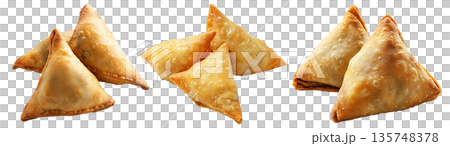 Golden brown crispy samosas isolated on white transparent background, traditional Indian snack concept Golden brown crispy samosas isolated on white transparent background, traditional Indian snack concept 135748378