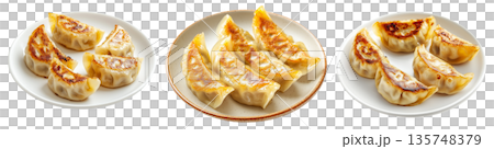 Golden pan-fried Japanese gyoza dumplings served on plate, isolated on white background, concept of Asian cuisine Golden pan-fried Japanese gyoza dumplings served on plate, isolated on white background, concept of Asian cuisine 135748379