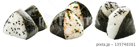 Japanese salmon onigiri rice ball wrapped in nori seaweed, isolated on white background, Asian cuisine concept Japanese salmon onigiri rice ball wrapped in nori seaweed, isolated on white background, Asian cuisine concept 135748381