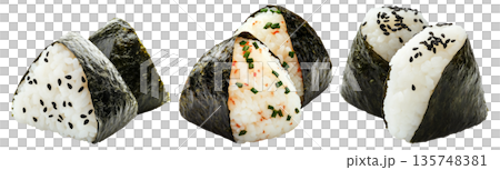 Japanese salmon onigiri rice ball wrapped in nori seaweed, isolated on white background, Asian cuisine concept 135748381