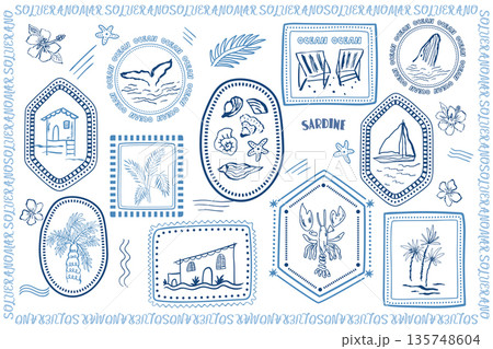 Hand drawn summer beach stamps, frames and elements. Vector coastal vacation collection of graphics. Hand drawn summer beach stamps, frames and elements. Vector coastal vacation collection of graphics. 135748604