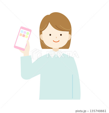 スマホを操作する女性の上半身イラスト素材｜SNS・アプリ・通信 135748661