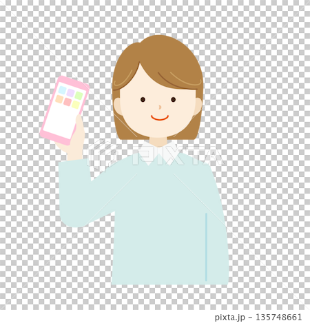 スマホを操作する女性の上半身イラスト素材｜SNS・アプリ・通信 135748661