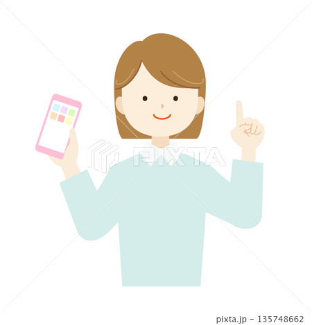 スマホを操作する女性の上半身イラスト素材｜SNS・アプリ・通信 135748662